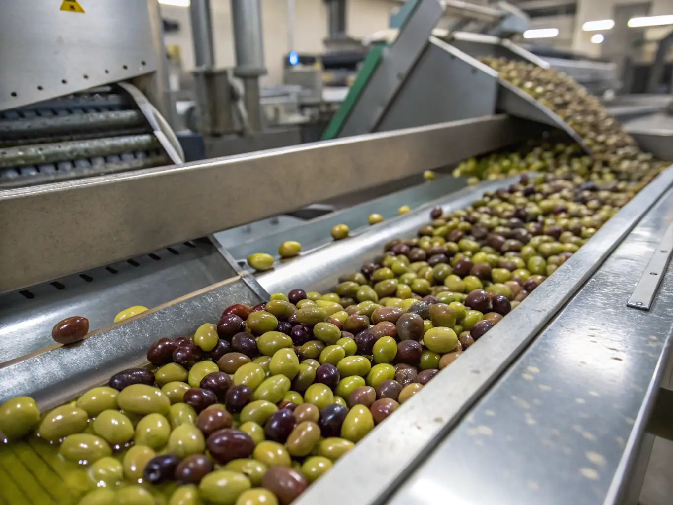 A close-up shot of olive pits being processed in a biofuel production facility, highlighting the transformation from agricultural waste to clean energy.