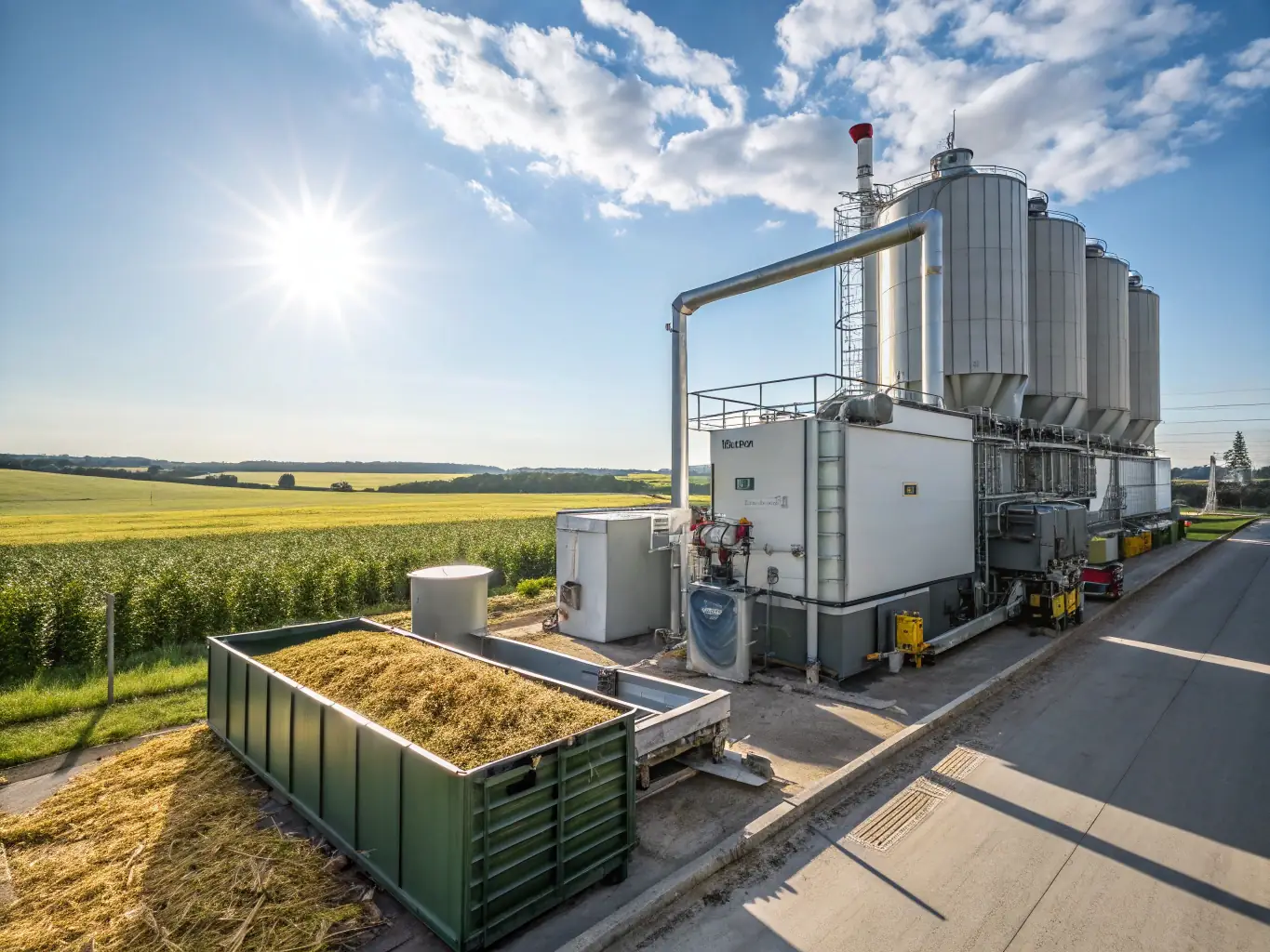 A wide shot of the Aza Pit production facility, highlighting the clean and efficient process of converting olive pits into biofuel.