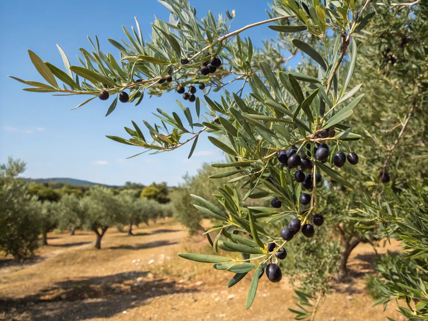 An aerial view of olive groves in Morocco, Algeria, and Tunisia, emphasizing the origin of Aza Pit's olive pits and the company's commitment to local sourcing.